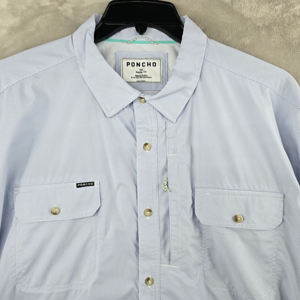 Poncho Fishing Shirt Mens 3XL Blue Micro Check Magnetic Pockets Long Sleeve